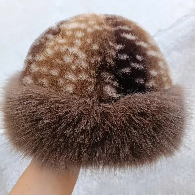 Women Winter Faux Fur Deer Print Bucket Hat Luxury Mongolian Warm Fluffy Brim Cloche Cap Face Slimming Y2K Mori Girl Accessories