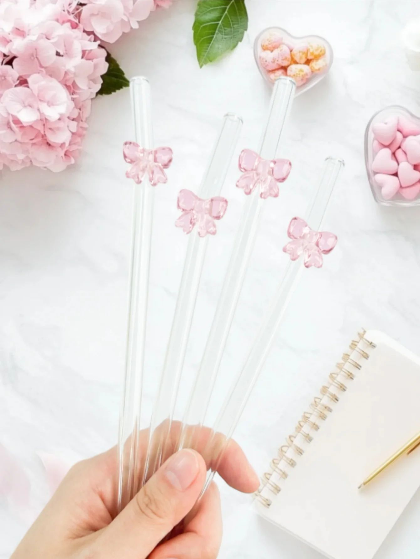 1/6PCS Cute Cartoon Pink Bowknot Glass Straw,Bent Reusable Glass Straw, Smoothie,Milk,Tea,Juice,Cocktail And Cold Drink,friend view 2