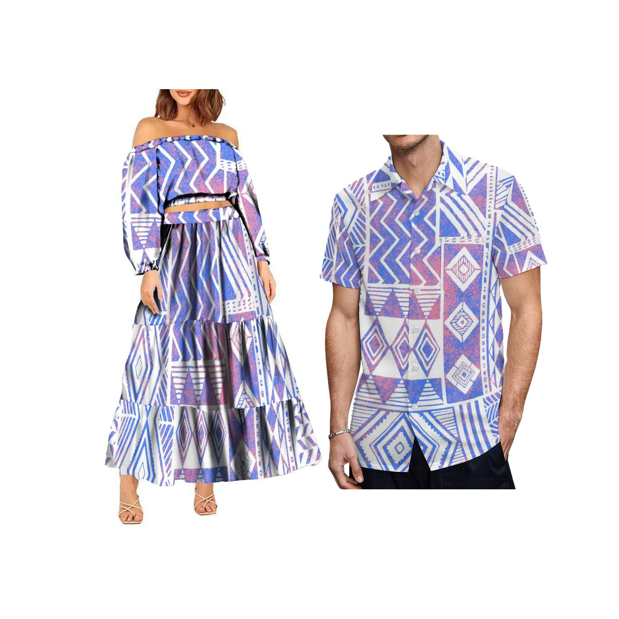 

Polynesian Couple Dress Custom Vintage Art Patterned Floral Print Women'S Dress Men'S Shirt