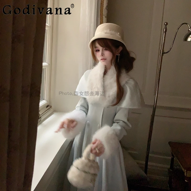 Warm Winter Long Woolen Coat with Fur Collar Female Original New Japanese Style Gentle Lolita Overcoat Women Lolita Wool Coat