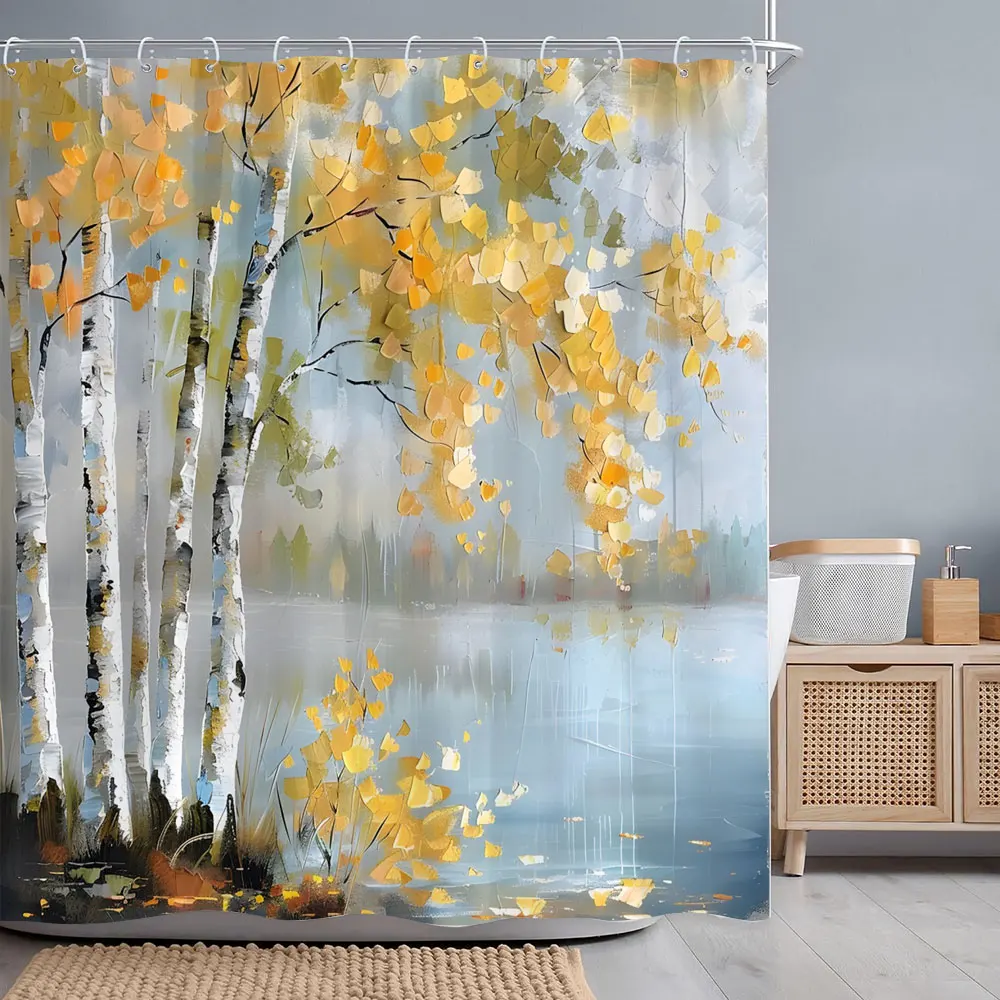 Beautiful Birch Tree Oil Brushstroke Printed Shower Curtain Golden Autumn Leaves Lake Water Fabric Shower Curtain Bathroom Decor