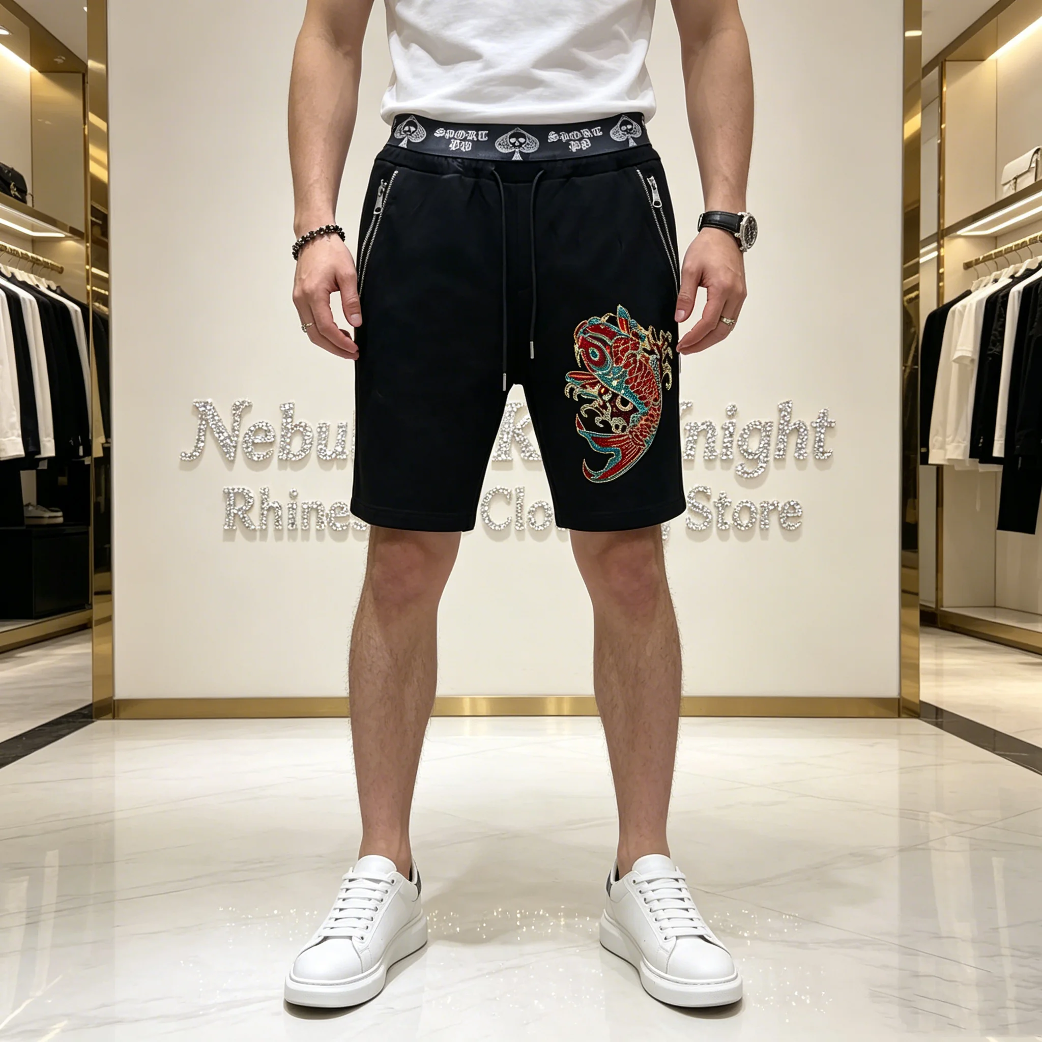 

European Trendy Casual Men Rhinestone Sports Shorts Drawstring Waist Zipper Pocket Daily Running Beach Board Shorts
