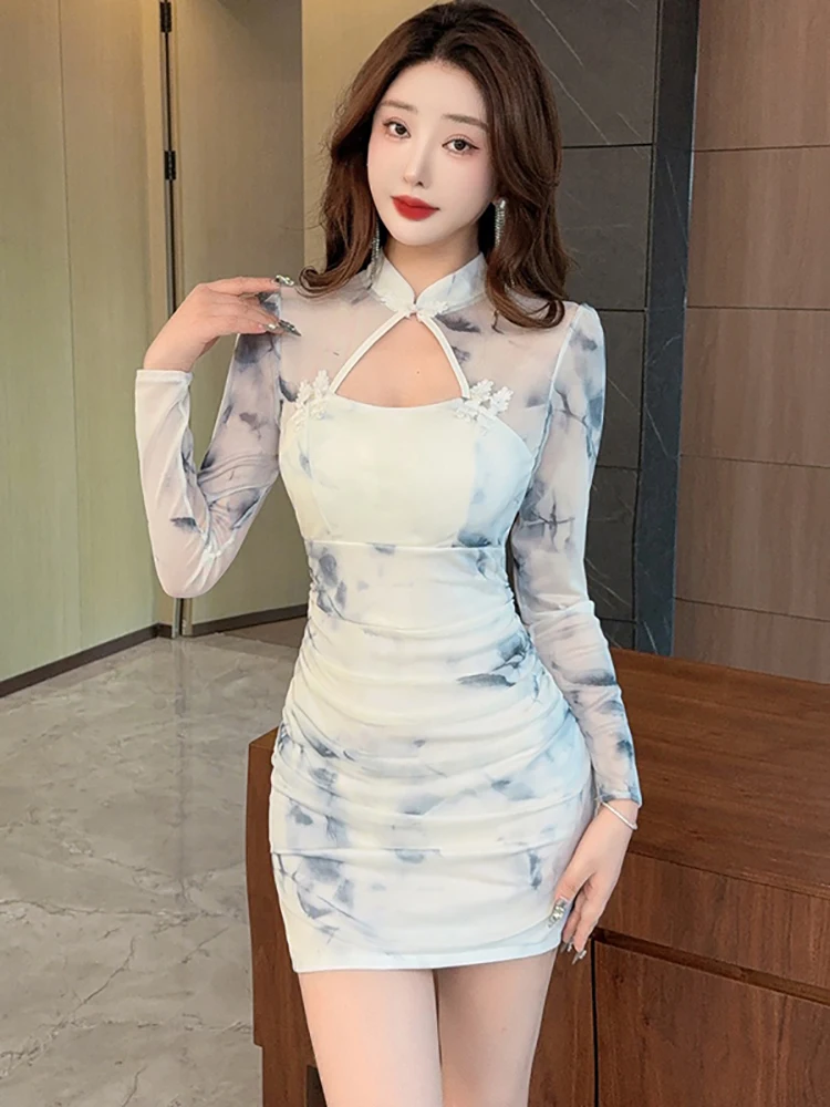 가을 겨울 핑크 플로럴 메쉬 패치워크 시스루 섹시 미니 드레스 여성 우아한 캐주얼 휴가 드레스 2025 한국 바디콘 프롬 드레스