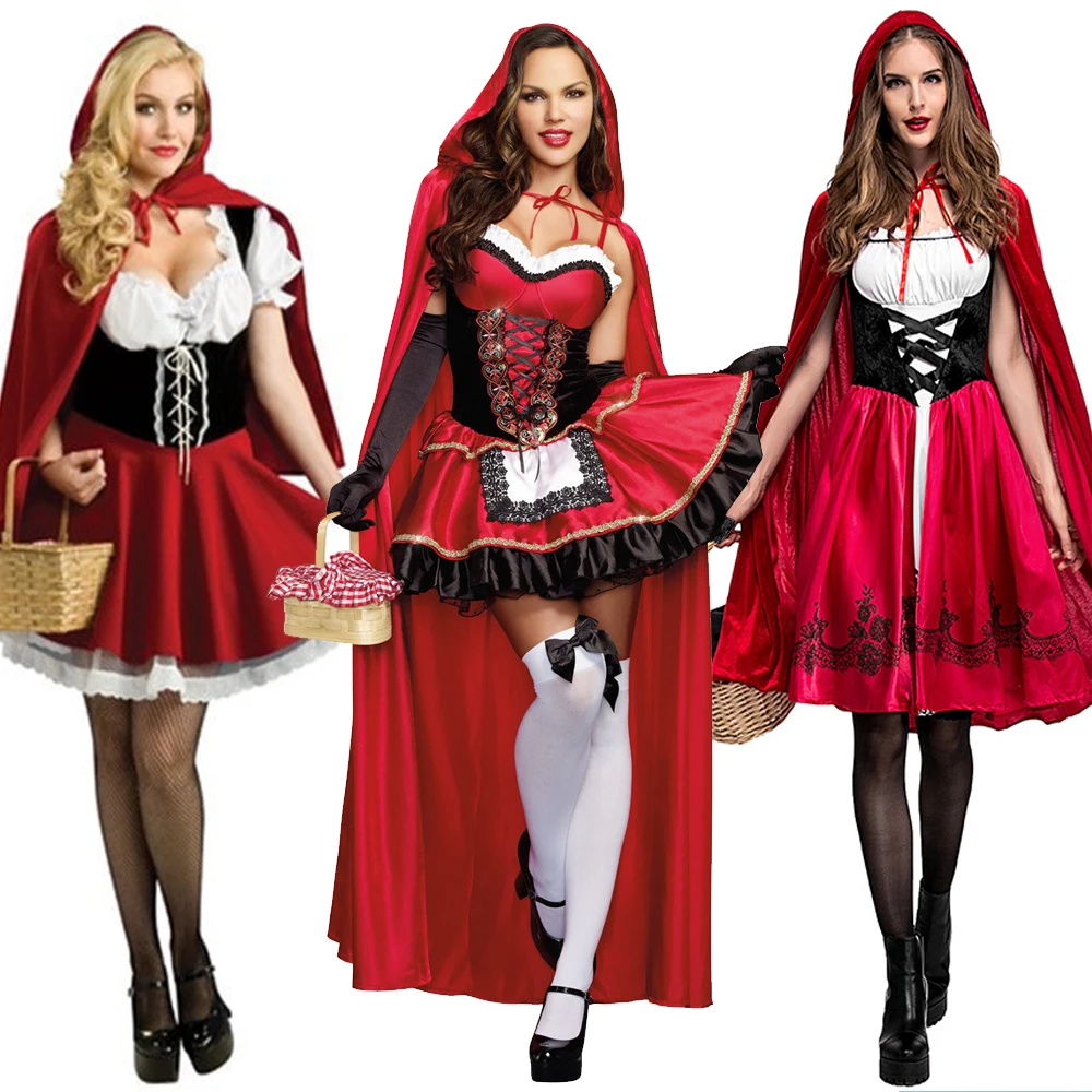 2018 kleine rote Reit haube Outfit Kostüm erwachsene Frauen Halloween Cosplay Kostüm Henne Party Kleid Cape Set Outfit