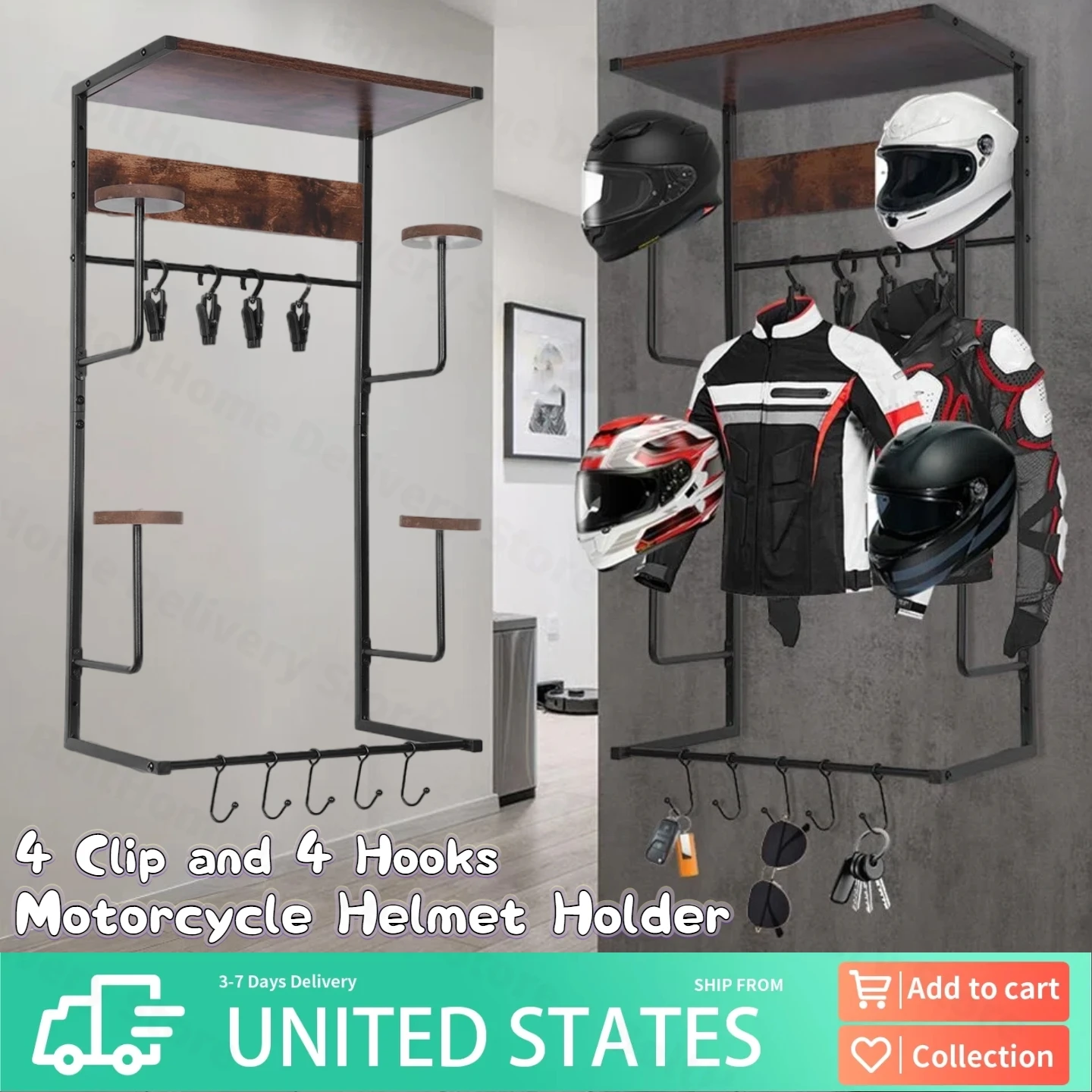 

Urban Deco Motorcycle Helmet Holder Display Wall Mount with Hat & Helmet Stand Clip for Motorcycle Accessories Gear Storage
