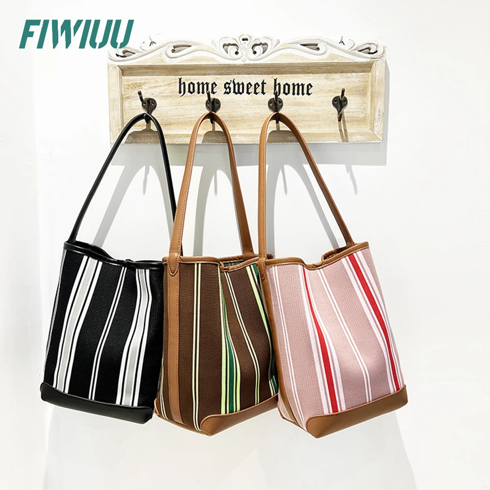 FIWIUU Mulheres Balde Ombro Saco De Emenda Canvas Bolsa Contrastante Stripe Bag Axilar Sacola Hobo Shopper