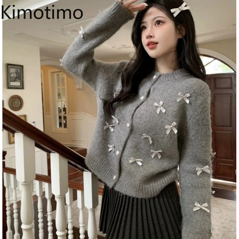 

Kimotimo Sweet Bow Short Knitted Cardigan Women Autumn Winter O Neck Solid Sweater Coat Korean Fashion Long Sleeve Sueters Tops