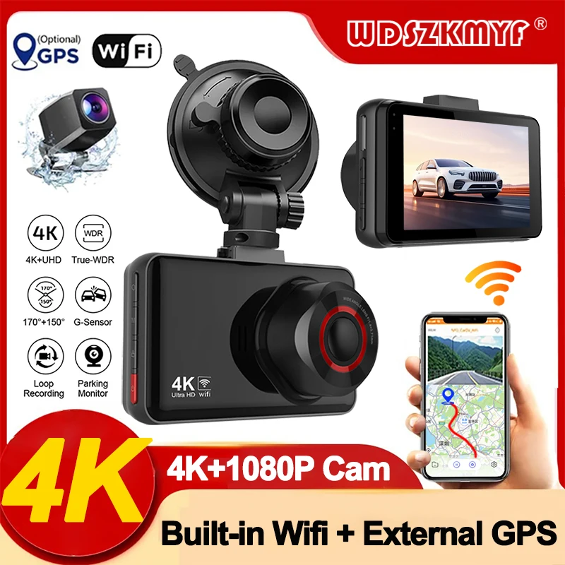 4K Car Dvr Video Recorder GPS Wifi Front and Rear Camera DashCam for Cars for Vehicle Rear View Camera Parking Monitor Black Box