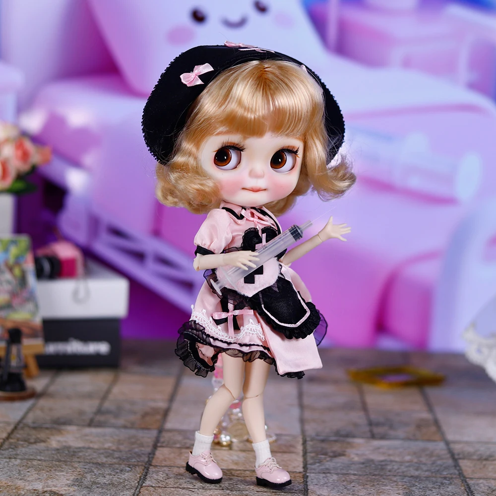 ICY DBS Blyth Doll 1/6 BJD Gold Curly Hair Customized Hand Carved Eyebrow, Lips, and Face Gift for Men and Women