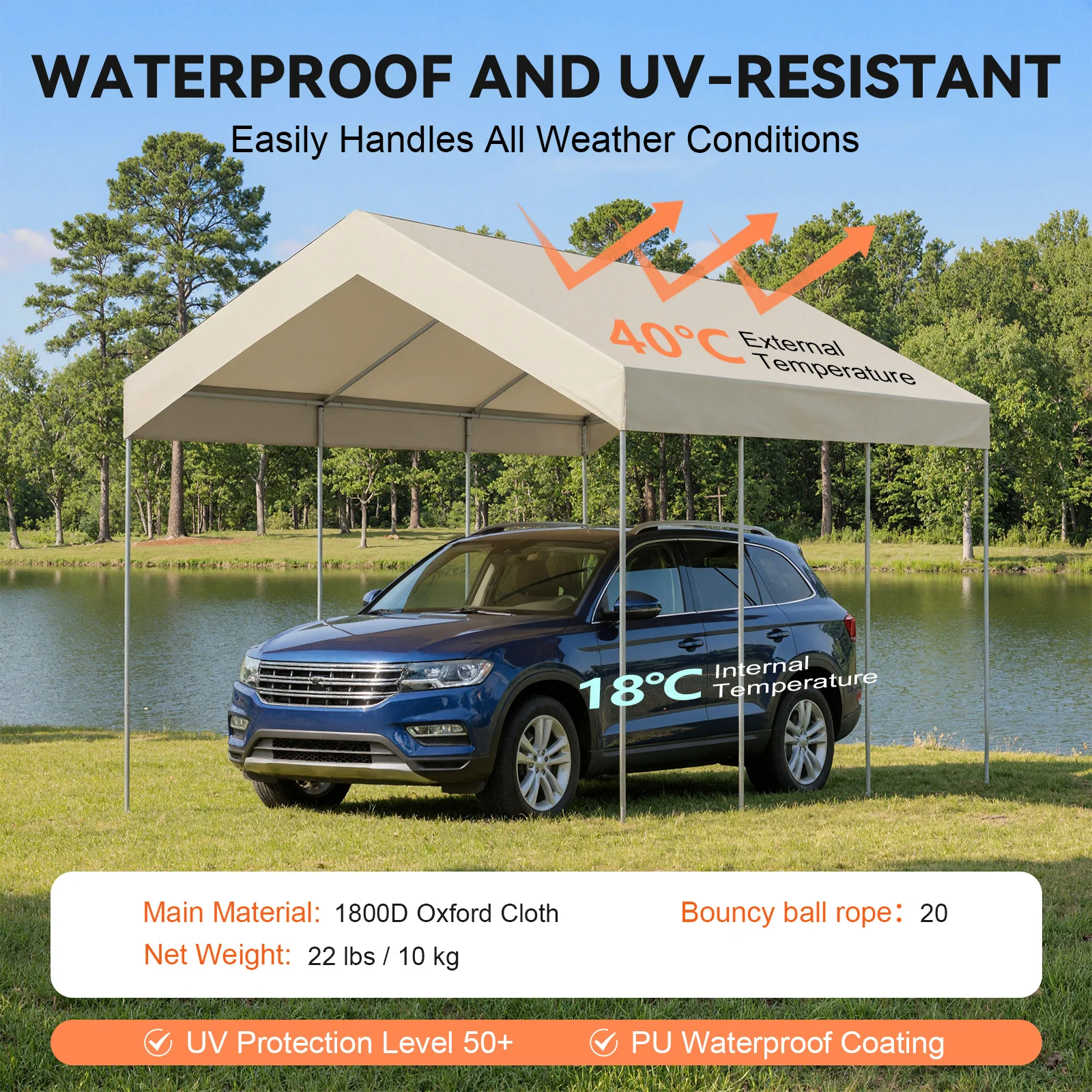 Carport Ersatz-Überdachung 3x6M 1800D Oxford Garagenzelt Schwerlast-Wasserdicht & UV-geschützt Nur Oberabdeckung – Detail 3