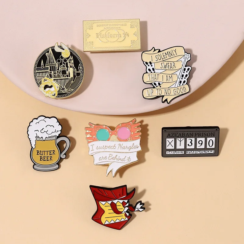 Magic World Enamel Pins Custom Train Tickets Sunglasses Howler Brooches Lapel Badges Witch Wizard Jewelry Gift for Kids Friends