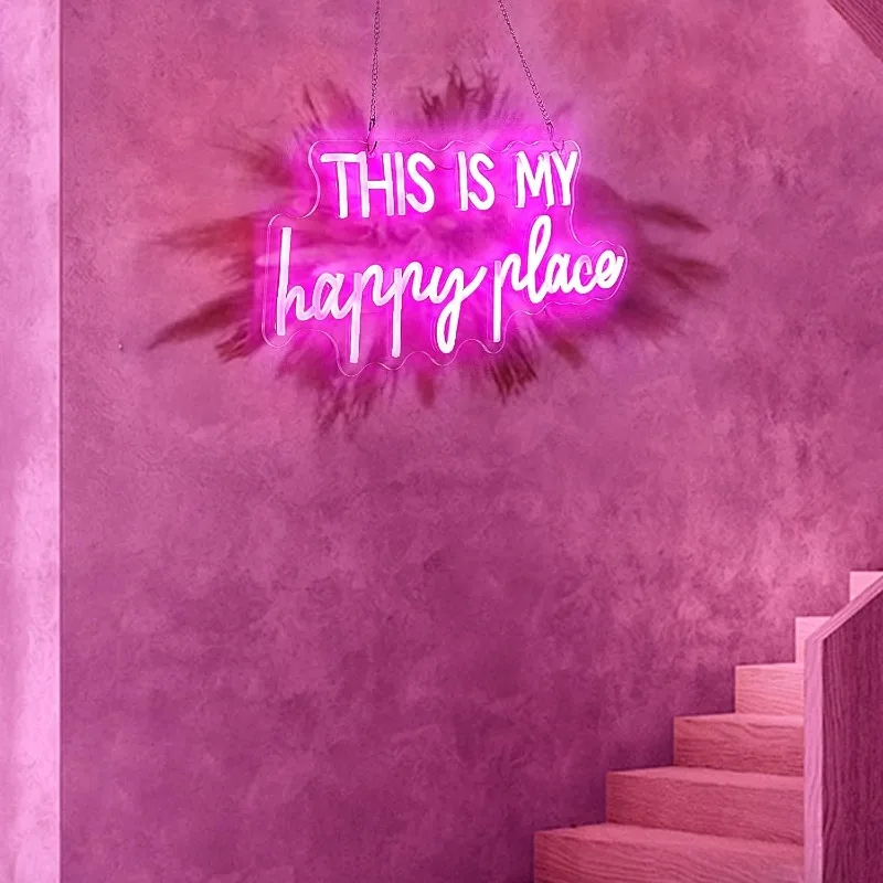 This Is My Happy Place Neon Signs for Bedroom Game Room Salon Decor,Dimmable USB Powered for Wedding Birthday Party Decor Gifts