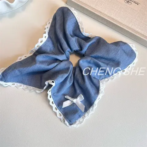 24cm Denim Blue Scrunchie with Lace Trim Lady Fashion Square Scarf Headbands Womens Bowtie Hair Rope Tie Ponytail Rubber Band
