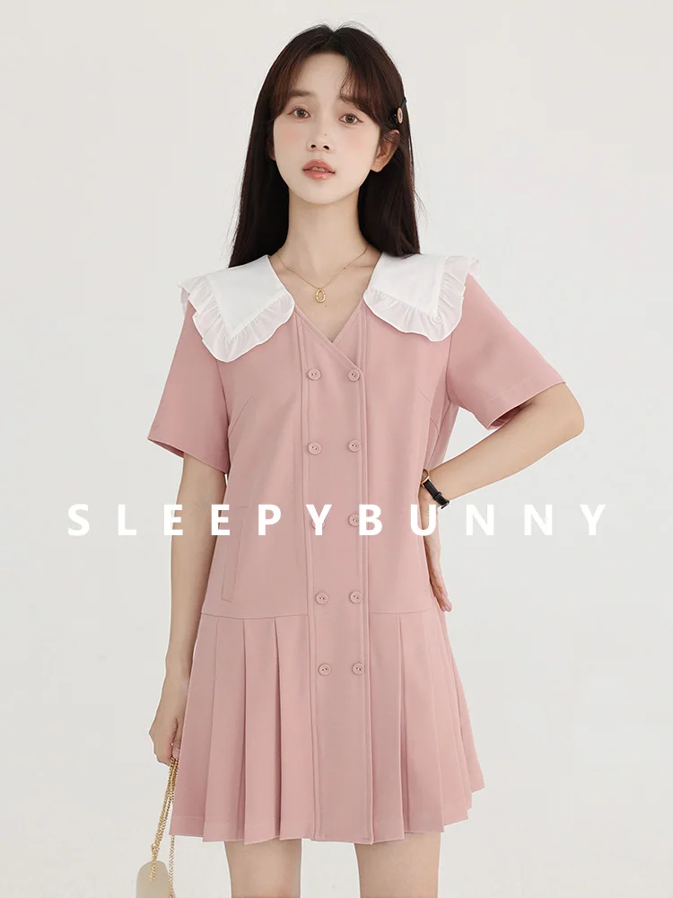 

Sweet Pleated Mini Dress for Women Contrast Collar Double Breasted V-Neck Outfit Preppy Style Fake Two Piece Pink Summer Outfit