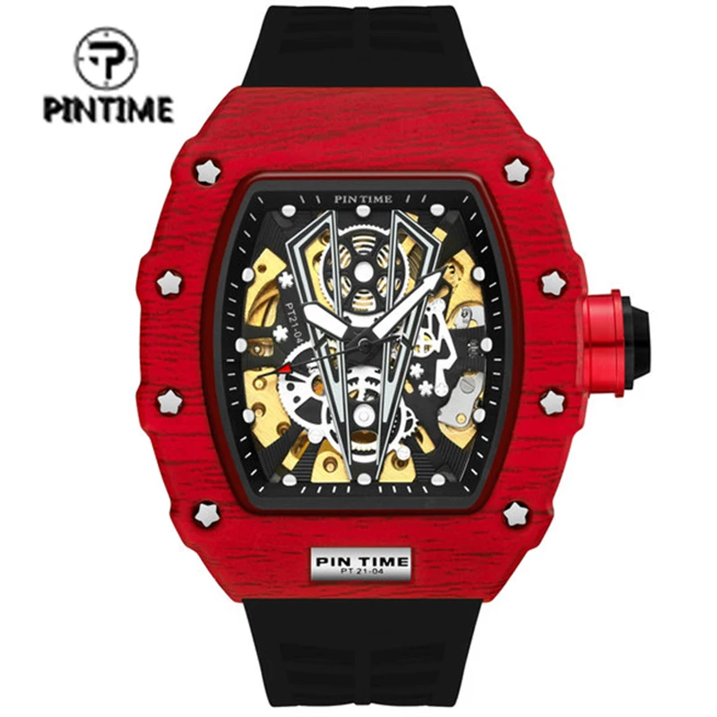 

PINTIME Top Brand High-end Men Sport Automatic Mechanical Watch Rubber Strap Hollow Luxury Style Hollow Dial Gift Wristwatch