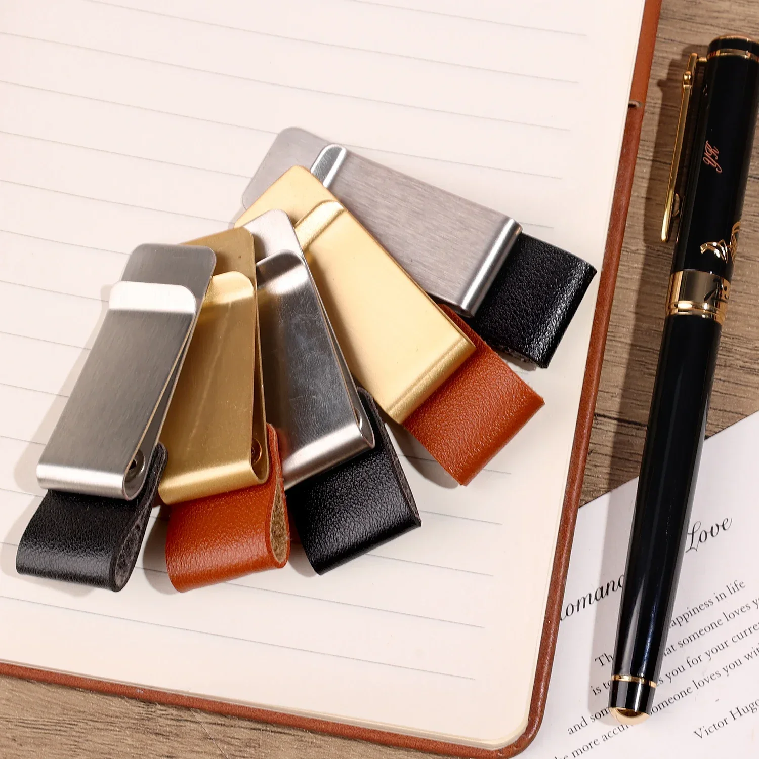 2/1Pcs Metal Leather Pen Holder Clips Journal Notebook Loose Leaf Memo Brass Clip Pen Folder Bookmarks Office Supply Stationery