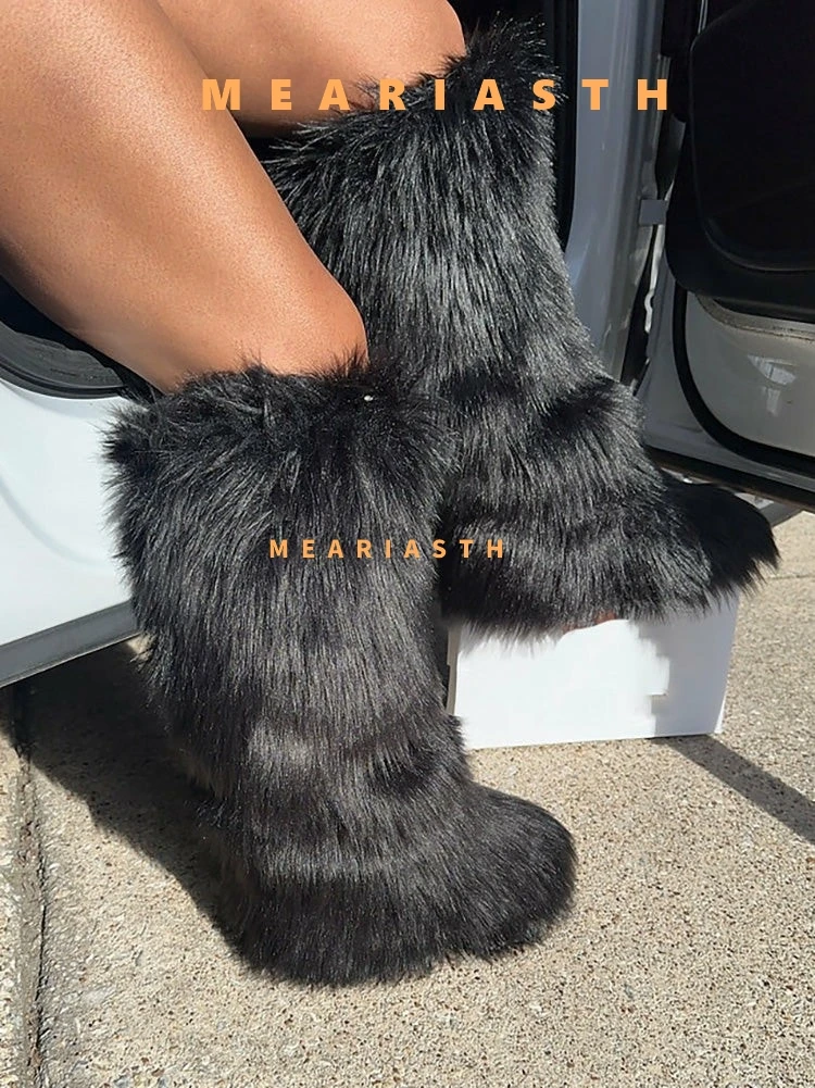 

New Warm Plush Womens Knee High Fuzzy Soft Faux Fur Boots flat with Comfortable Slip-on Design Furry Boots For Fall Winter
