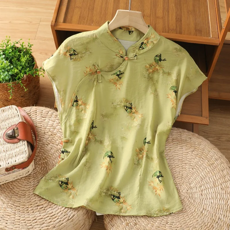 

Chinese Style Women's Blouses Printed Vintage Shirts Fashion Loose Summer Clothing Sleeveless Cotton Linen Women Tops