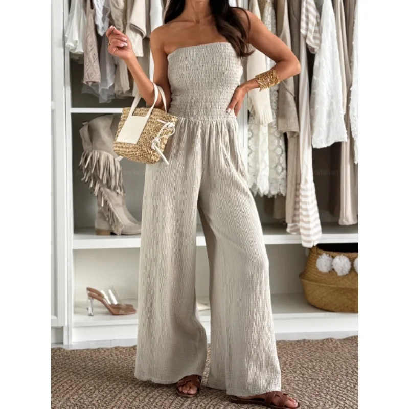 

Women's Fashion Solid Color One Collar Long Jumpsuit Ladies Casual Pocket Waist Comfortable Jumpsuit