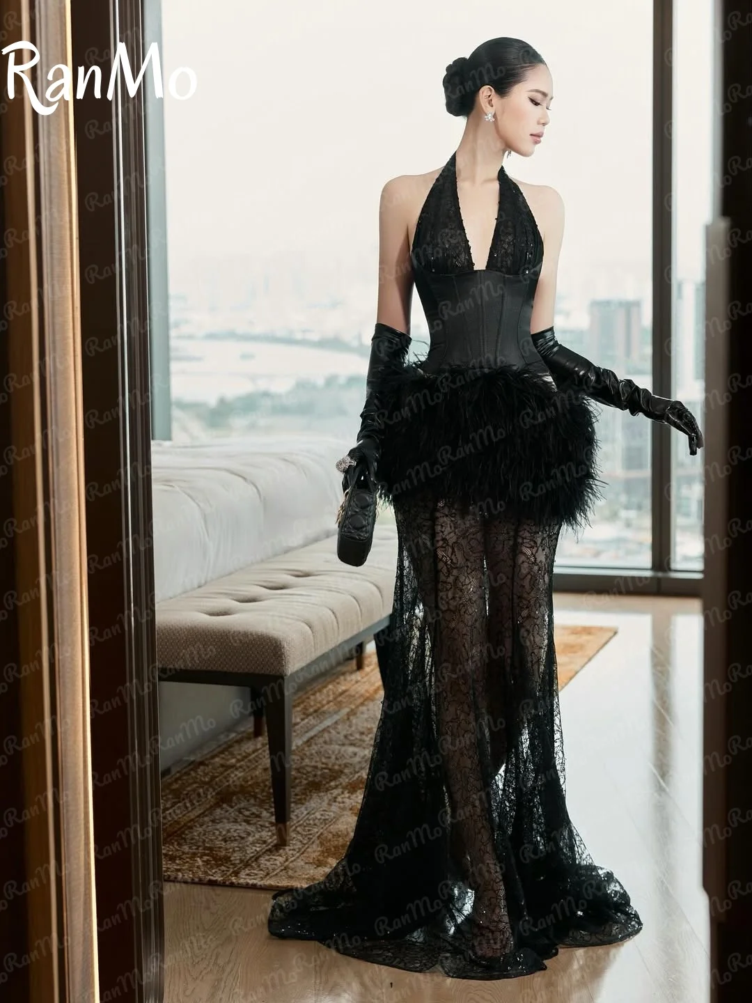 Ranmo 2025 فستان سهرة أنيق هالتر حورية البحر ريشة بدون أكمام مخصص مطوي Fساتين شير فستان حفلات بدون أكمام