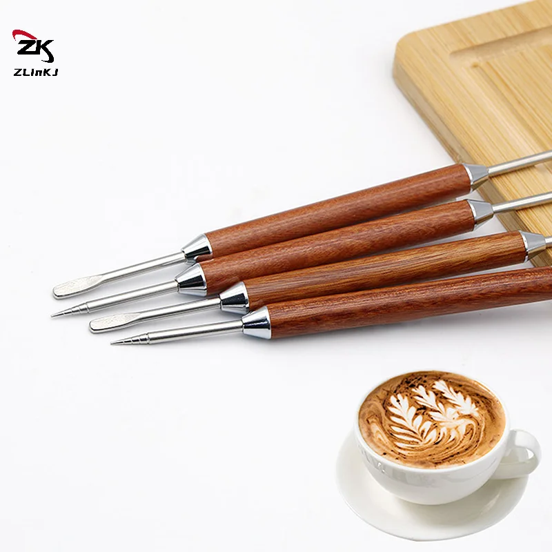 Stainless Steel Coffee Decorating Art Pen Wooden Handle Pull Flower Needle Barista Tool Coffee Accessories