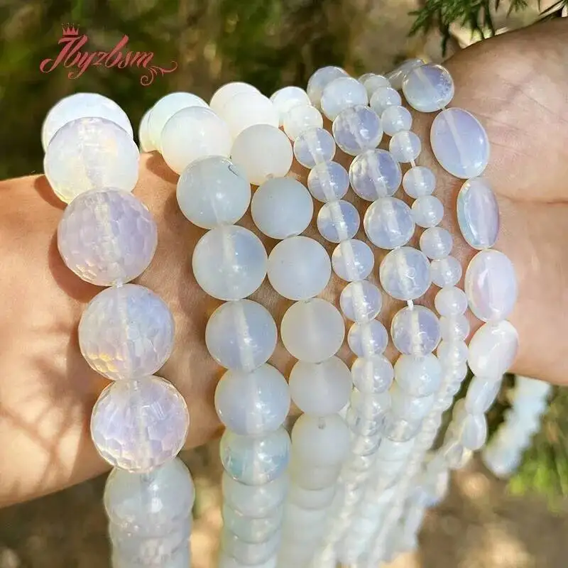 حبات الحجر الطبيعي العقيق الأبيض لصنع المجوهرات عقد دي اي واي سوار فضفاض خزر عازل ستراند 15 بوصة 4/6/8/10/12 مللي متر #3