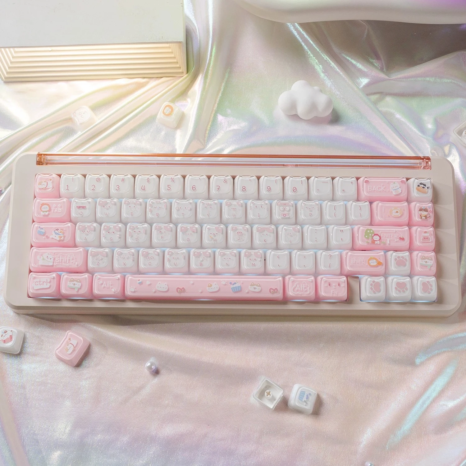 MAIMOOO Cat Party Jelly Crystal Keycaps MAO Profile PC Personalized Kawaii Pink Cat Ear Jello Keycap for Mechanical Keyboard