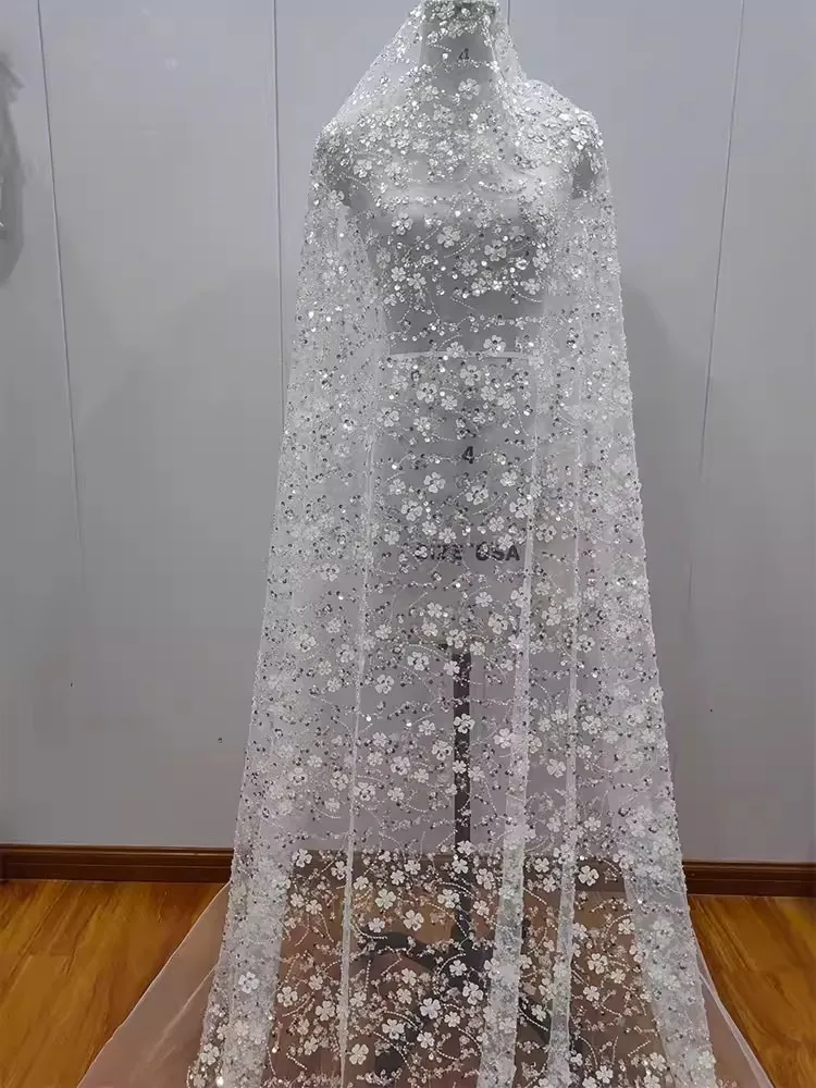 

1 ярд африканского кружевного полотна с пайетками и бисером, высококачественная ткань для свадебного платья жениха в нигерийском стиле, вышивка, французский тюль для шитья