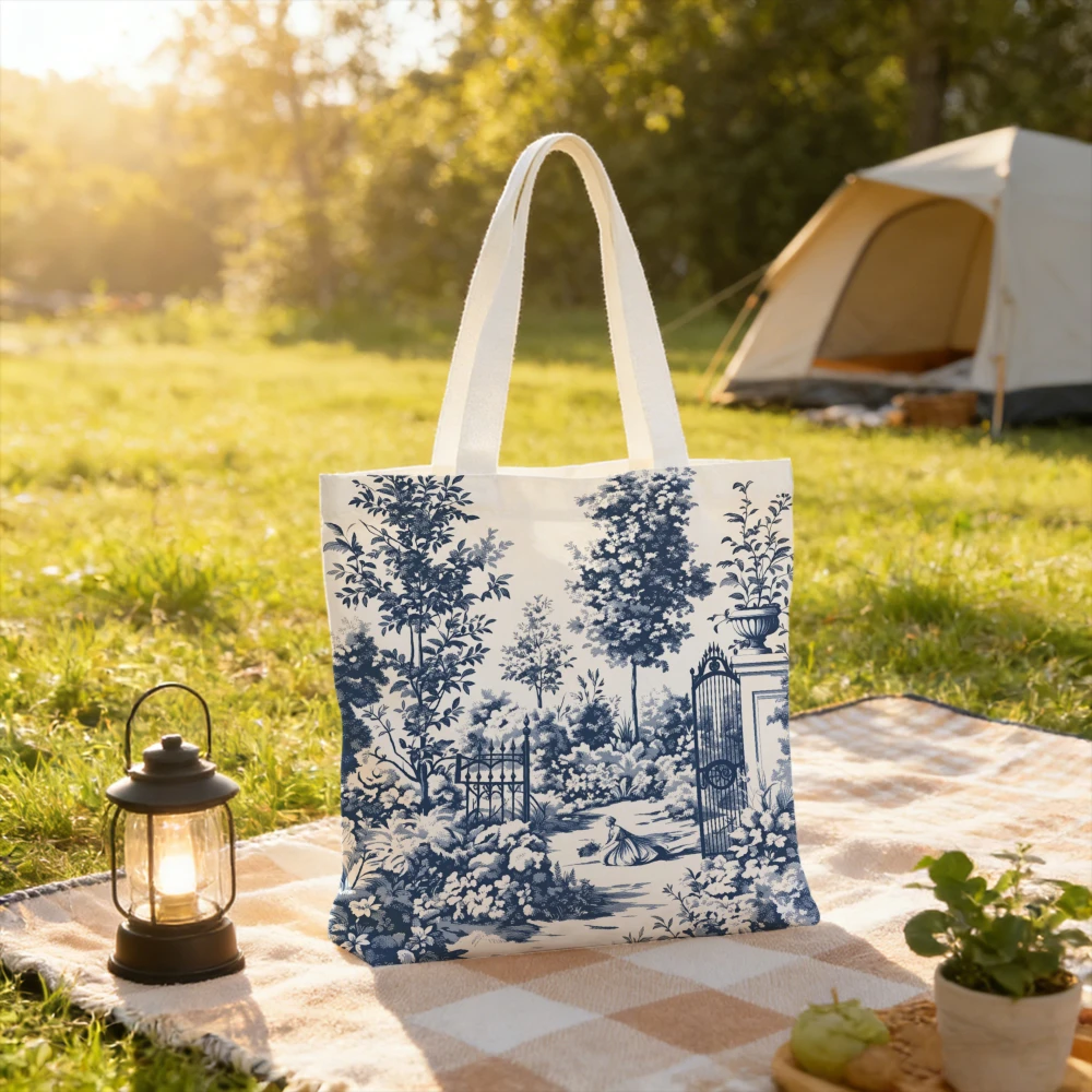 1pc Blue Toile Landscape Tote Bag Featuring a French Vintage Design Reusable Grocery Shopping Bag Multifunctional Double-Sided