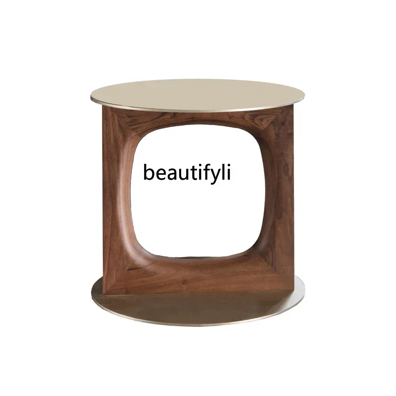 54North American black walnut solid wood edge table modern simple small apartment Italian metal light luxury round coffee tableS