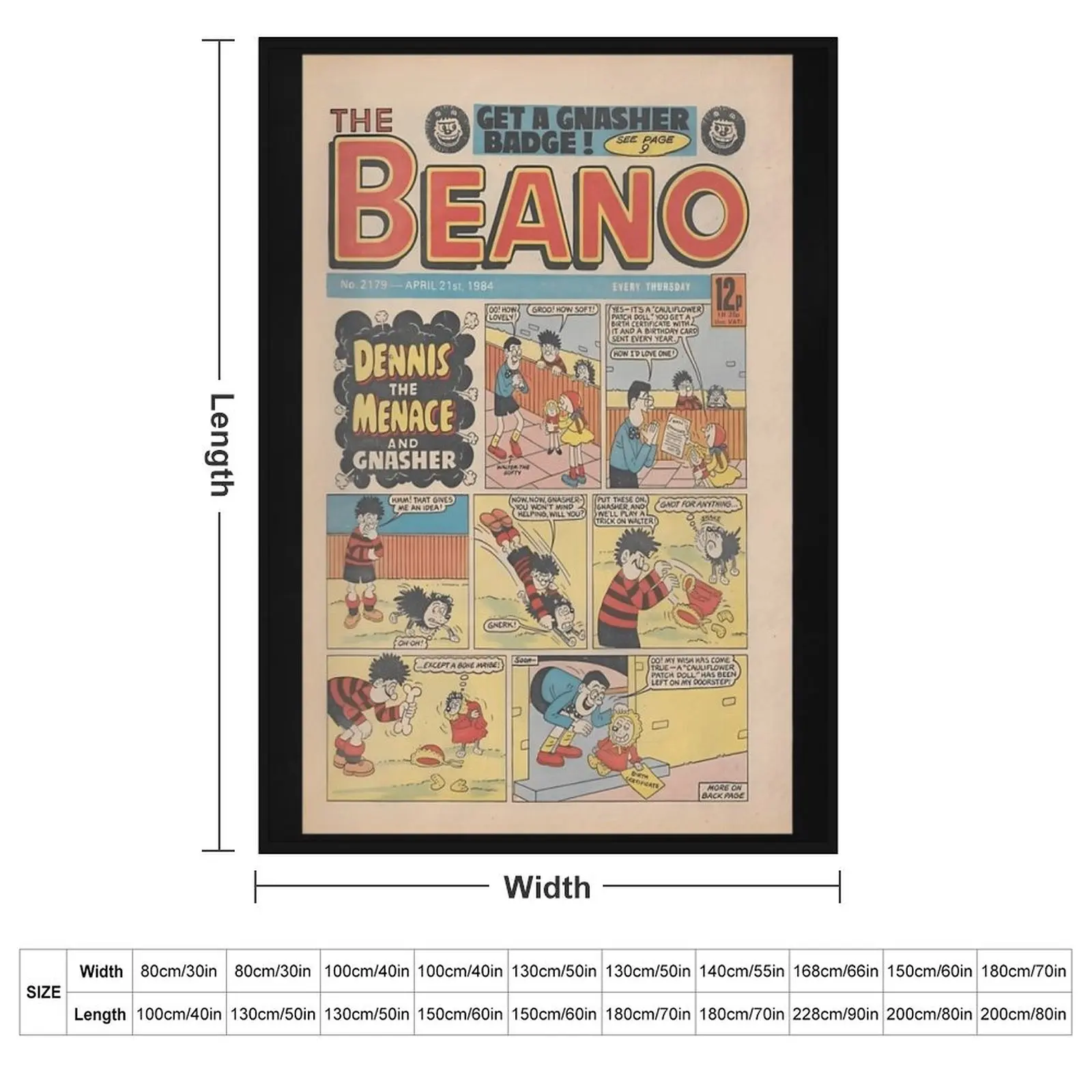 Vintage/Retro 1984 Beano Front cover. Classic Dennis the menace and Gnasher, vintage style. Throw Blanket