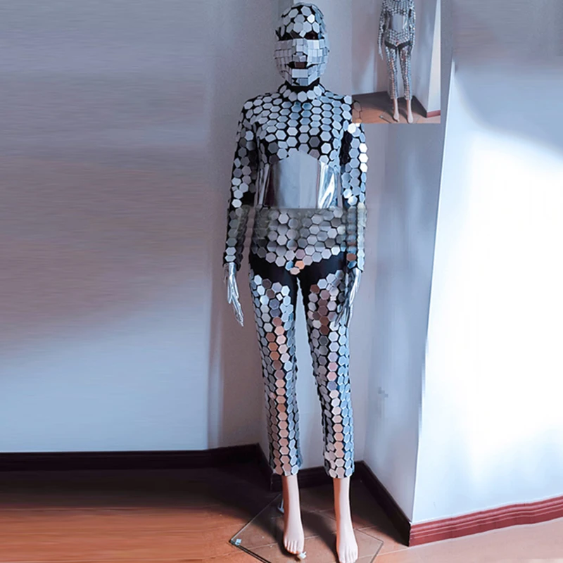 シルバーミラージャンプスーツ帽子男性女性ポールダンス衣装フルレンズジャズダンス衣装バーナイトクラブ DJ ステージ着用 XS9934