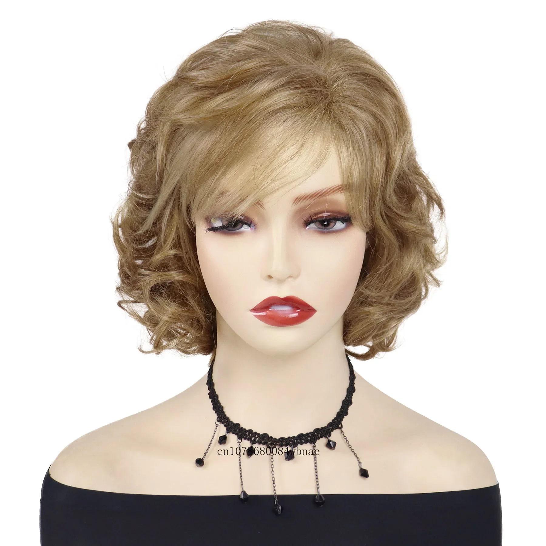 Synthetic Hair Short Curly Wavy Wigs with Bangs for Women Daily Party Costume High Temperature Fiber Mommy Wig Natural Looking