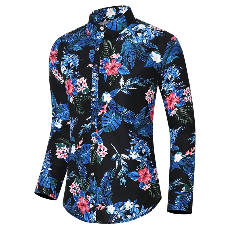 2024 Fashion Men\'s Shirt Flowers  Printing Lapel Button Top Long Sleeve Shirt Clothing Party Styles Design Comfortable Shirts