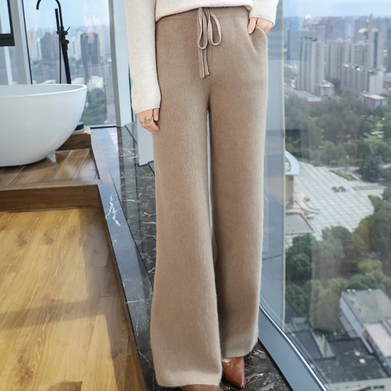 Women's long 100 mink cashmere wide leg pants casual knitted solid color winter warm new product women's cashmere wide leg pants