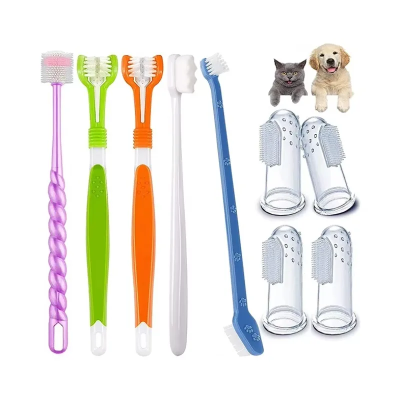 

New Design Double Dog Three-head Toothbrushes Sets Long Handle Pet Oral Cleaning Large Dog Toothbrush