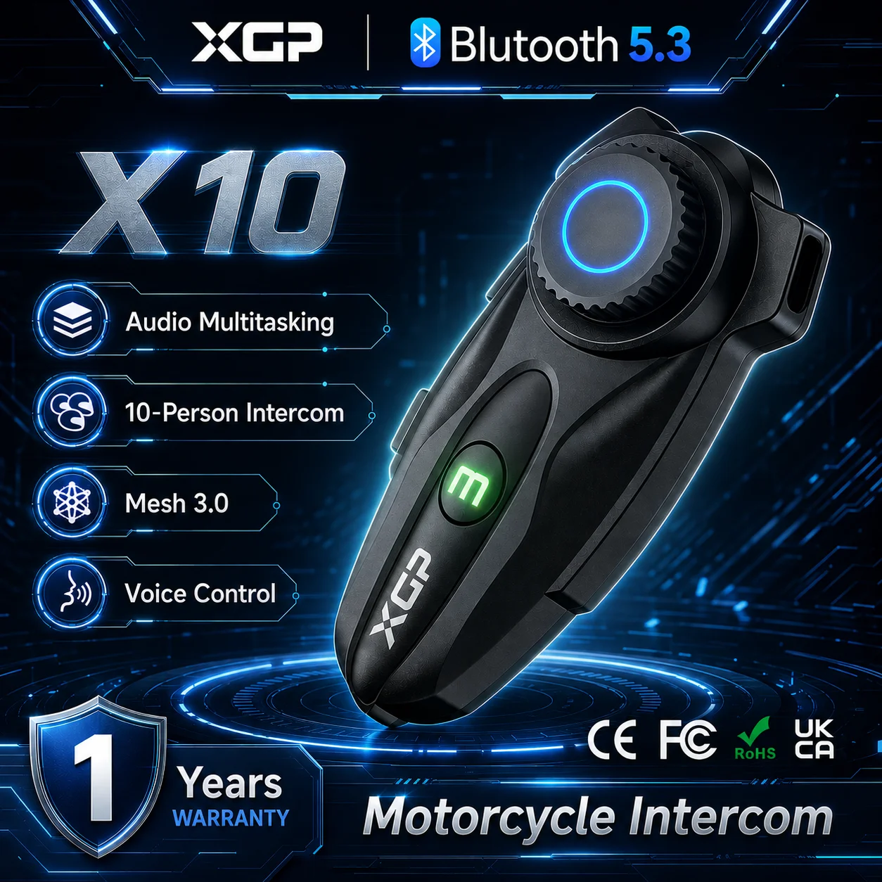 

XPG X10 Bluetooth Motorcycle Intercom Helmet Headsets BT 5.3 Wireless Communication Interphone Handsfree Music Sharing 10 Riders