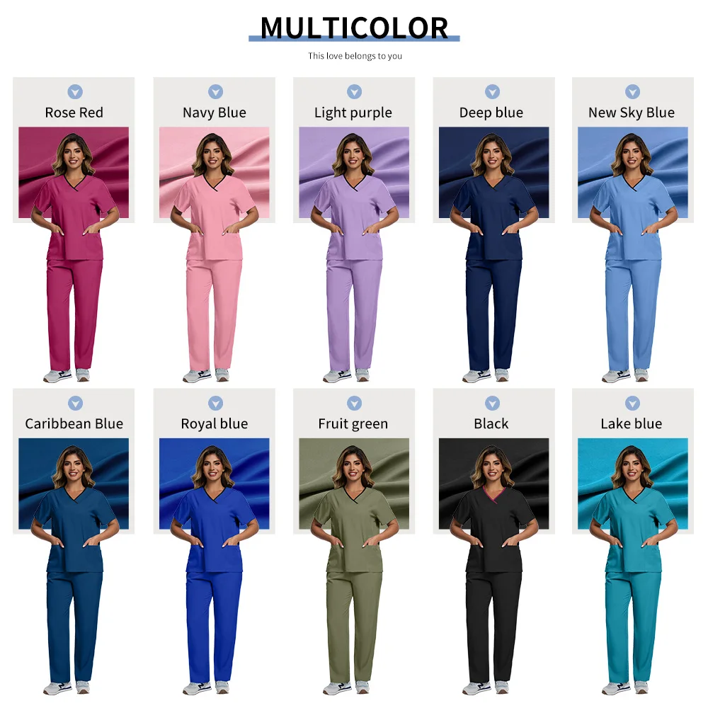 고품질 의료 의사 간호 스크럽 의상 유니폼 남여 v 넥 짧은 소매 탑 탄성 허리 바지 치과 의사 정장
