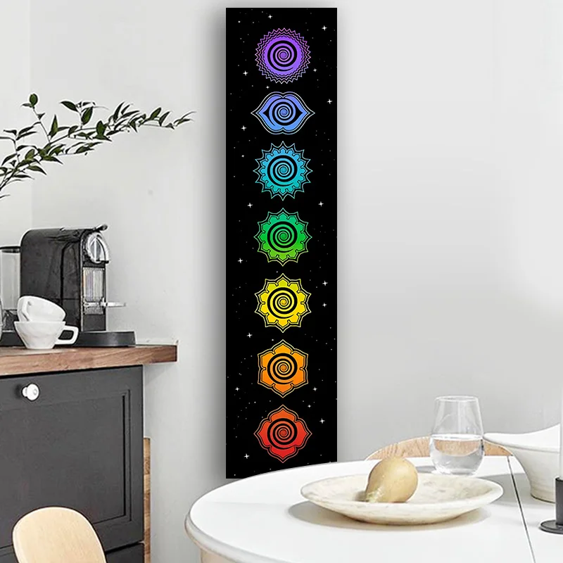 Regenboogchakra's Tapijt Boeddhisme Yoga Kosmische Energiecentra Meditatie Wandtapijten Zwarte Muur Opknoping Slaapkamer Drom Home Decor