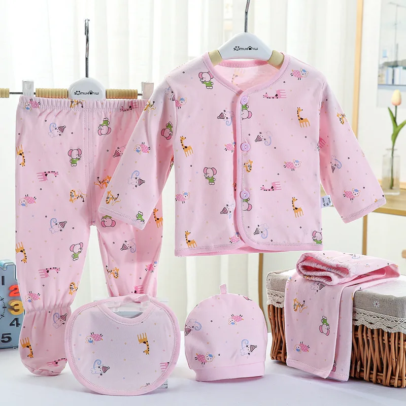 5Piece Spring Autumn Newborn Girls Clothes Cartoon Cute Print Cotton Long Sleeve Tops+Pants+Hats Infant Boys Clothing Sets BC320