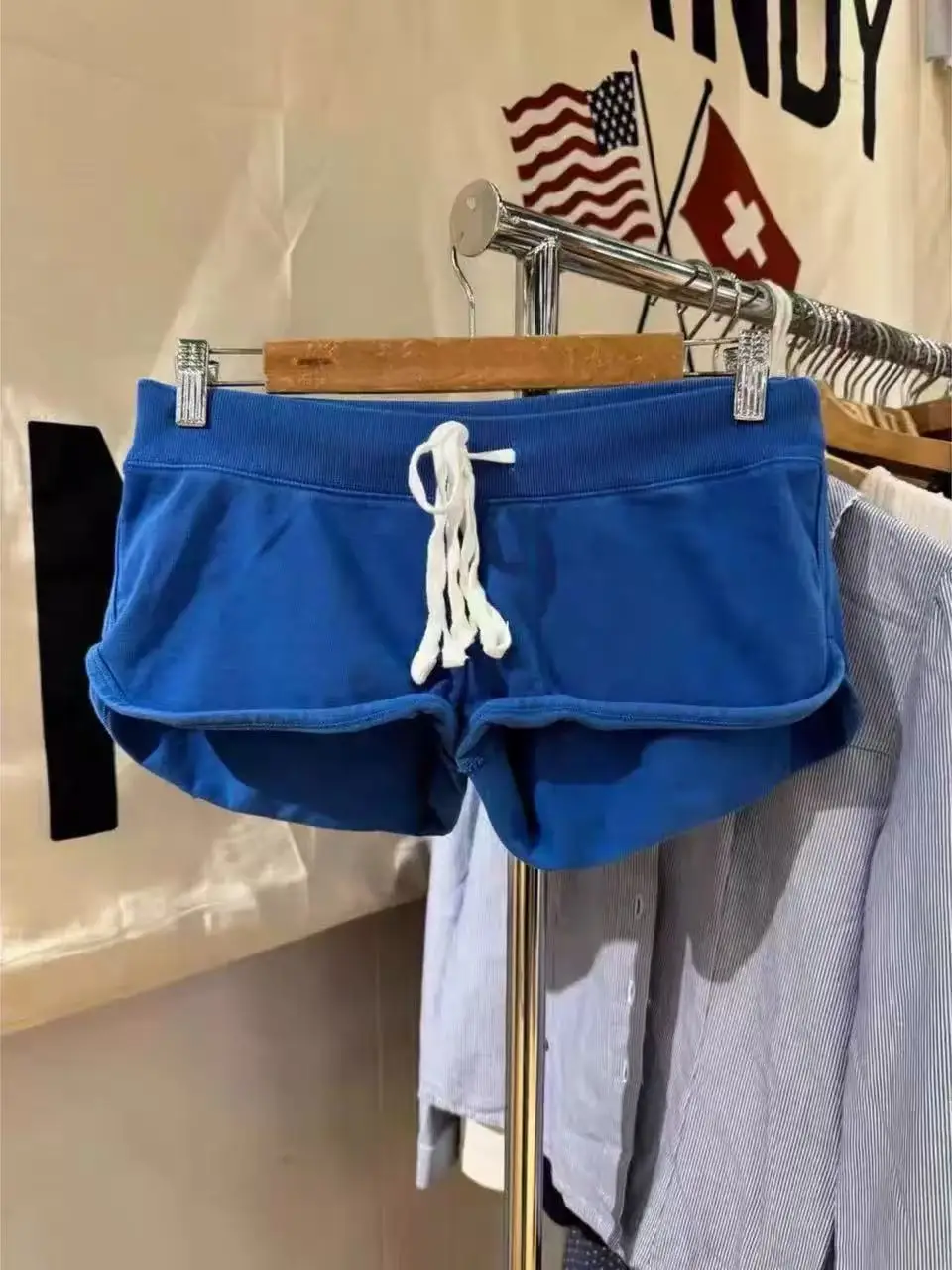 New Drawstring Blue Sweatshorts Women Summer Elastic Waist Loose Split Sport Shorts Streetwear Vintage Casual Boxer Short Pant