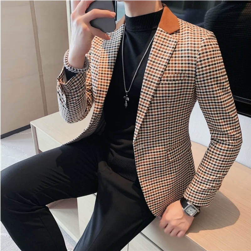 2024 Autumn Winter Korean  Houndstooth Blazer Jackets Fashion Color Matching Lapel Design Casual Men\'s Plaid Suit Coat Tuxedo