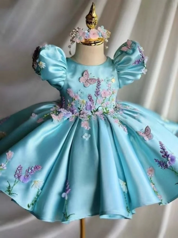 Flower Girl Dress Wedding Party Dress First Christmas Outfit 3D Floral Embroidery Puff Sleeve Princess Gown for Kids Birthday