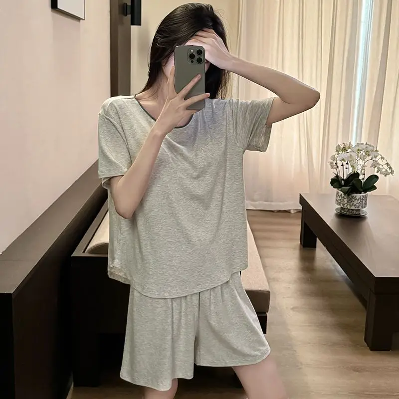 Neue Damen Sommer-Loungewear mit Gepolsterter Brust, Einfarbiger Kurzarm-Pyjama mit Shorts, Weiche und Bequeme Hauskleidung für Frauen