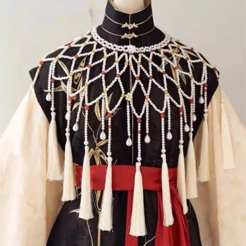 

Handmade Weaving Pearl Shawl Tassel Cloud Shoulder Hanfu Accessories Traditional Chinese Costume Bridal Wedding Accessory