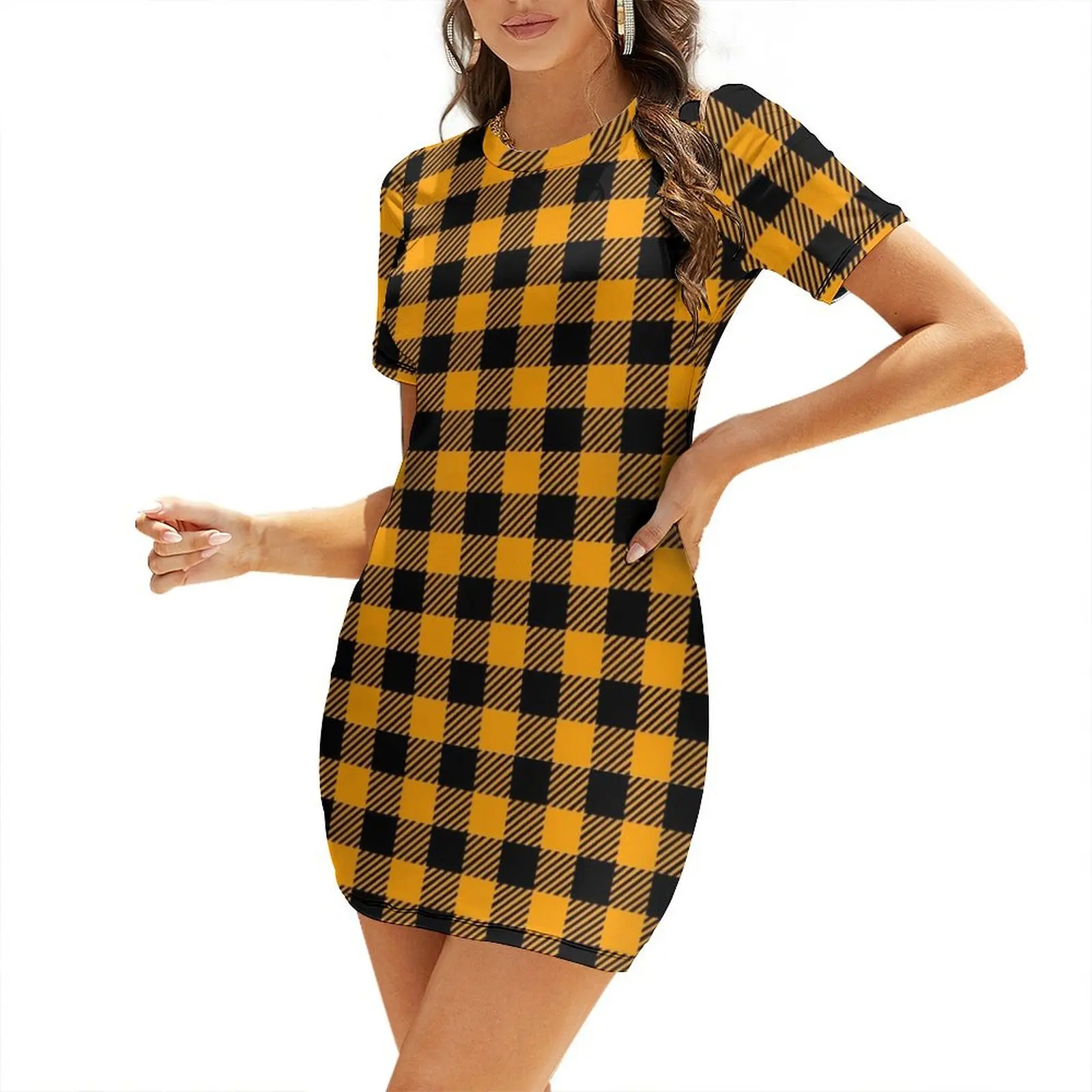 

Fall Plaid Graphic Orange Black Short Sleeved Dress Dress for pregnant women prom dresses 2025 Dress