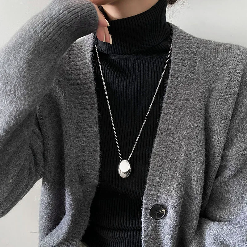 Metal Smooth Large Oval Water Drop Pendant Necklace for Women Girls Stainless Steel Long Sweater Chain Charm Jewelry Gifts