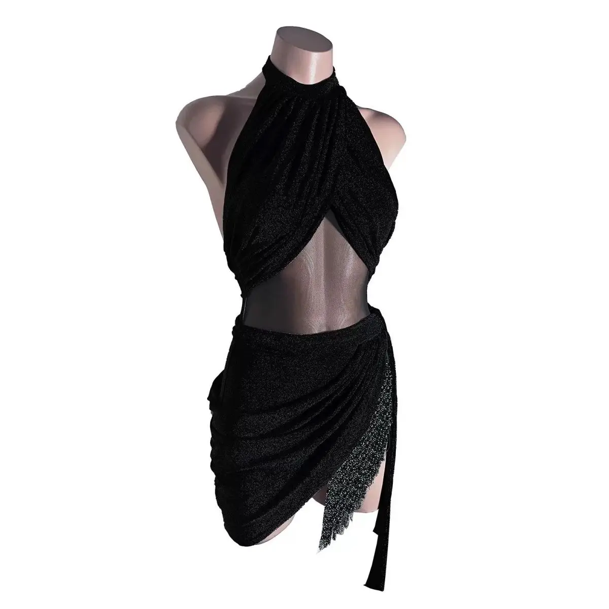 Women Latin Dance Dress Suit Shiny Sleeveless Backless Top Fringed Skirt Samba Chacha Rumba Ballroom Training Performance Set
