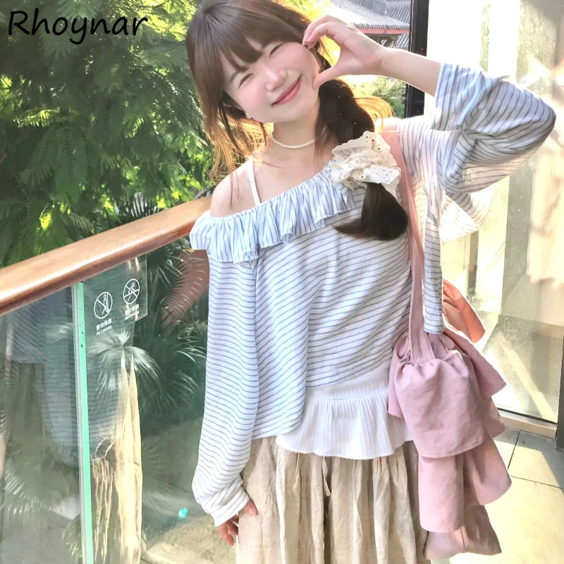

T-shirts Women Blue Striped Fungus Loose Fit Clothing Kawaii Girls College All-match Casual Crop Ulzzang High Street Attractive
