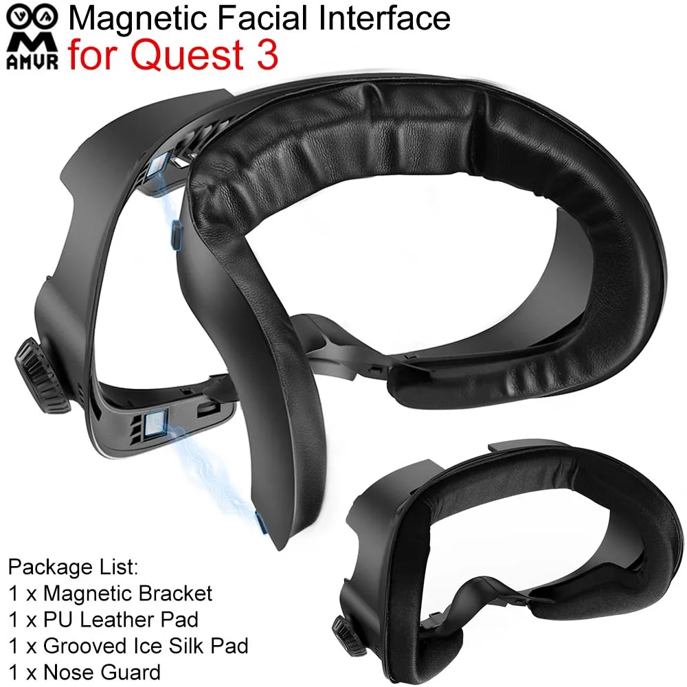 

AMVR Magnetic Face Mask for Quest 3 Quick Release Ice Silk PU Leather Pad Fit Fan Style Halo Head Strap Facial Interface Part